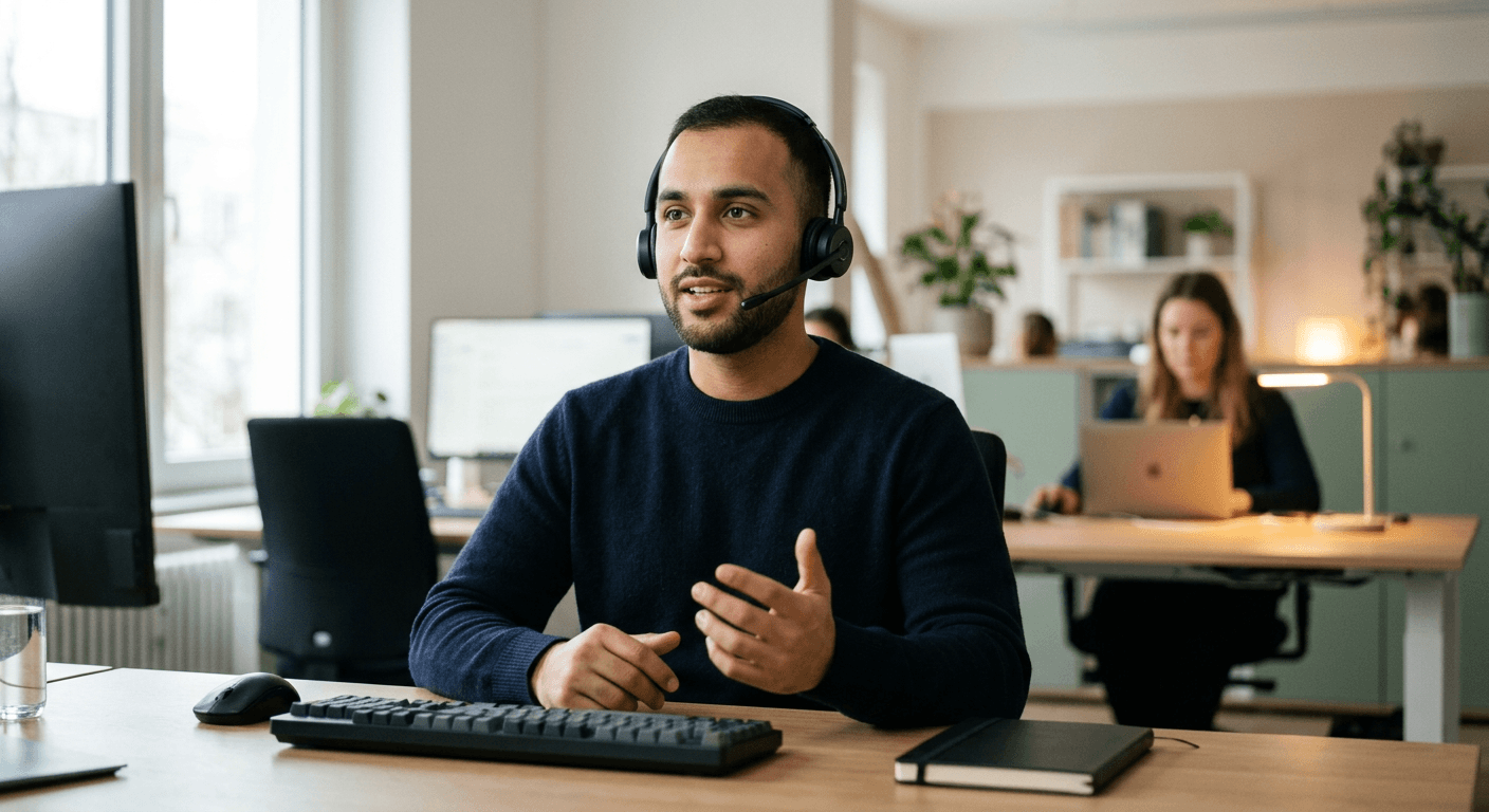 An assistance coordinator on a call in an open-plan office