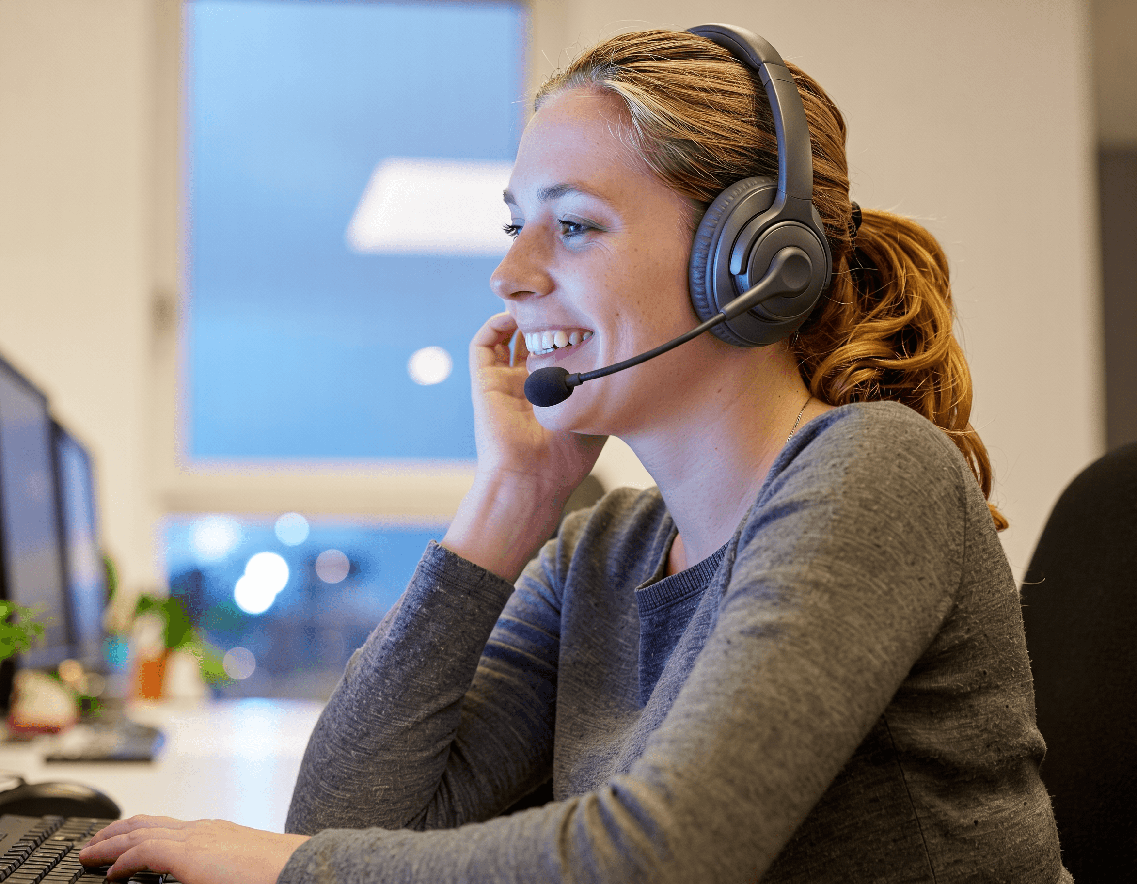 An assistance coordinator taking a call at her workstation